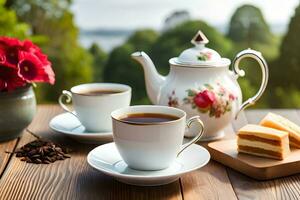 tea and cake on a wooden table. AI-Generated photo