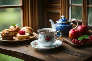 cup of tea, apple, muffins, and a cupcake on a window sill. AI-Generated photo