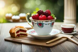 strawberries and cake in a teacup on a wooden table. AI-Generated photo