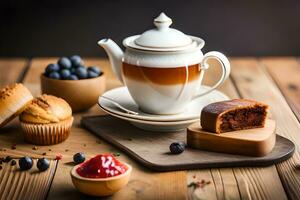 a cup of tea and a cake on a wooden table. AI-Generated photo