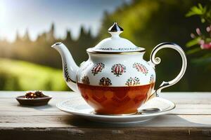 tea pot on wooden table with sun shining in background. AI-Generated photo