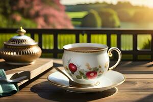 un taza de té se sienta en un mesa con un platillo y cuchara. generado por ai foto