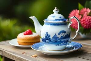 a blue and white teapot on a wooden table. AI-Generated photo