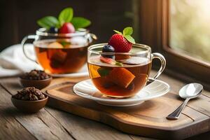 two cups of tea with berries and mint leaves. AI-Generated photo