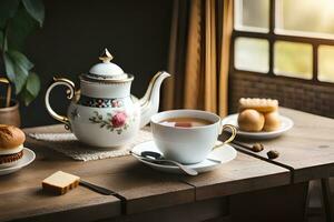 a cup of tea and a plate of cookies on a table. AI-Generated photo