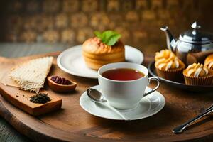 tea and cupcakes on wooden table. AI-Generated photo