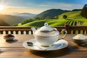 tea and breakfast on a terrace in the mountains. AI-Generated photo