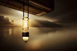 a light bulb hanging from a rope over water. AI-Generated photo