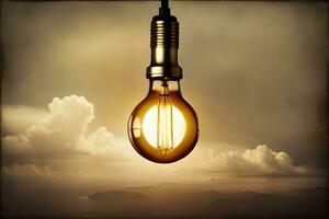 a light bulb is shining in front of a cloudy sky. AI-Generated photo
