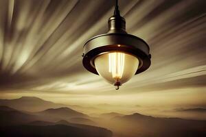 a light bulb hanging from a lamp over a mountain range. AI-Generated photo