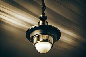 an old style light fixture hanging from a ceiling. AI-Generated photo
