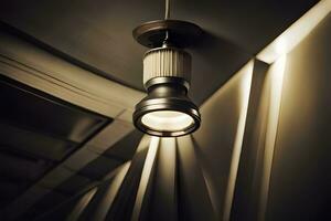 a light fixture hanging from the ceiling in a dark room. AI-Generated photo