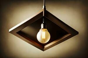 a light bulb hanging from a wooden box. AI-Generated photo