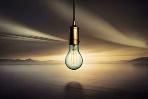 a light bulb hanging over the ocean with a sunset in the background. AI-Generated photo