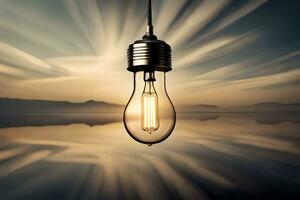 a light bulb is shining over a lake. AI-Generated photo
