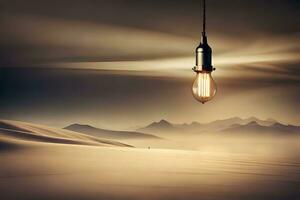 a light bulb is hanging in the middle of a desert. AI-Generated photo