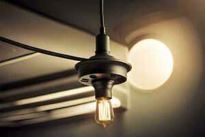 a light bulb is hanging from a ceiling. AI-Generated photo
