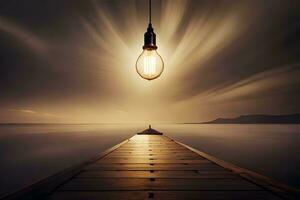 a light bulb is hanging from a dock over a body of water. AI-Generated photo