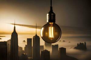 a light bulb hanging over a city skyline. AI-Generated photo