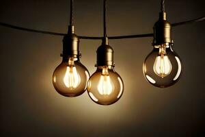 three light bulbs hanging from a string. AI-Generated photo