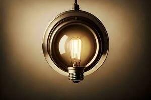 an old fashioned light bulb hanging from a ceiling. AI-Generated photo