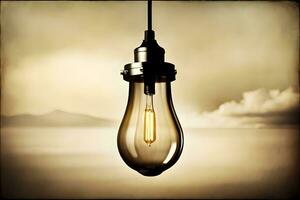 a light bulb hanging from a ceiling with a cloudy sky. AI-Generated photo