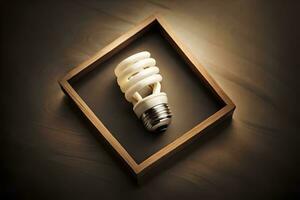 a light bulb in a wooden frame on a wooden table. AI-Generated photo