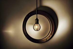 a circular light fixture with a light bulb hanging from it. AI-Generated photo