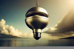 a light bulb hanging from a rope over the ocean. AI-Generated photo