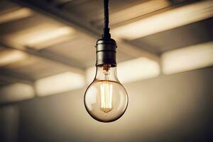 a light bulb is hanging from a ceiling. AI-Generated photo