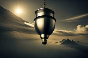 a light bulb hanging from a chain in the sky. AI-Generated photo