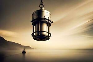 a lighthouse hanging over the ocean with a boat in the distance. AI-Generated photo