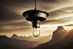 a light bulb hanging from a ceiling over a mountain. AI-Generated photo