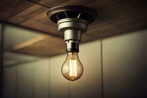 an old light bulb is on a ceiling. AI-Generated photo