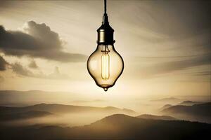 a light bulb hanging over a mountain range. AI-Generated photo