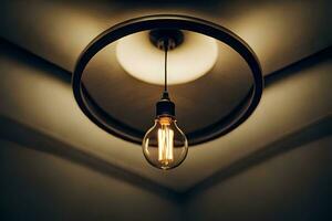 a light bulb is hanging from a ceiling. AI-Generated photo