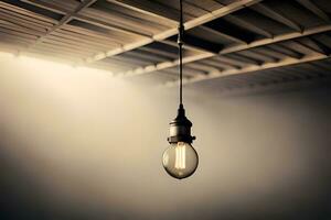 un ligero bulbo colgando desde el techo en un oscuro habitación. generado por ai foto