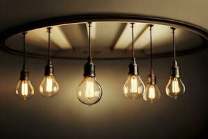 a group of light bulbs hanging from a ceiling. AI-Generated photo