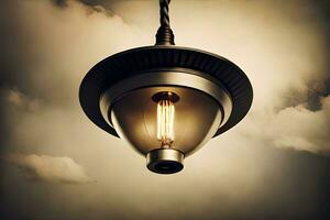 an old fashioned light bulb hanging from a ceiling. AI-Generated photo