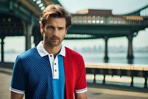 a man in a red, blue and white polo shirt. AI-Generated photo