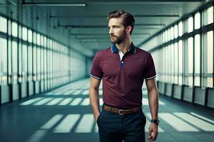 a man in a maroon polo shirt and black pants. AI-Generated photo