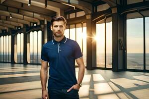 a man in a blue polo shirt standing in an empty room. AI-Generated photo