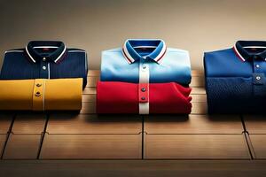 three different colored shirts are lined up on a table. AI-Generated photo