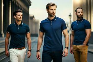 Tres hombres vistiendo azul polo camisas y beige pantalones. generado por ai foto