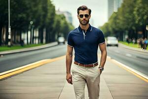 a man in a blue polo shirt and khaki pants walking down a street. AI-Generated photo