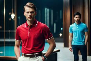 two men in red and blue polos standing near a pool. AI-Generated photo