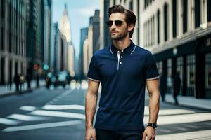 a man in a blue polo shirt and sunglasses standing on a city street. AI-Generated photo