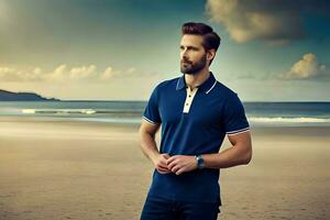 a man in a blue polo shirt standing on the beach. AI-Generated photo