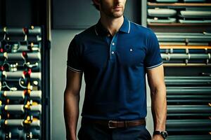 a man in a blue polo shirt standing in a warehouse. AI-Generated photo