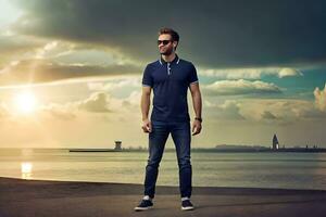 a man in sunglasses and a polo shirt stands on the beach. AI-Generated photo